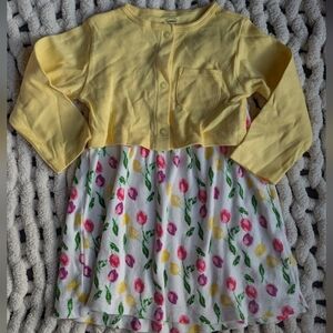 Luvable Friends Yellow Long Sleeve Cardigan And Flower Dress Set